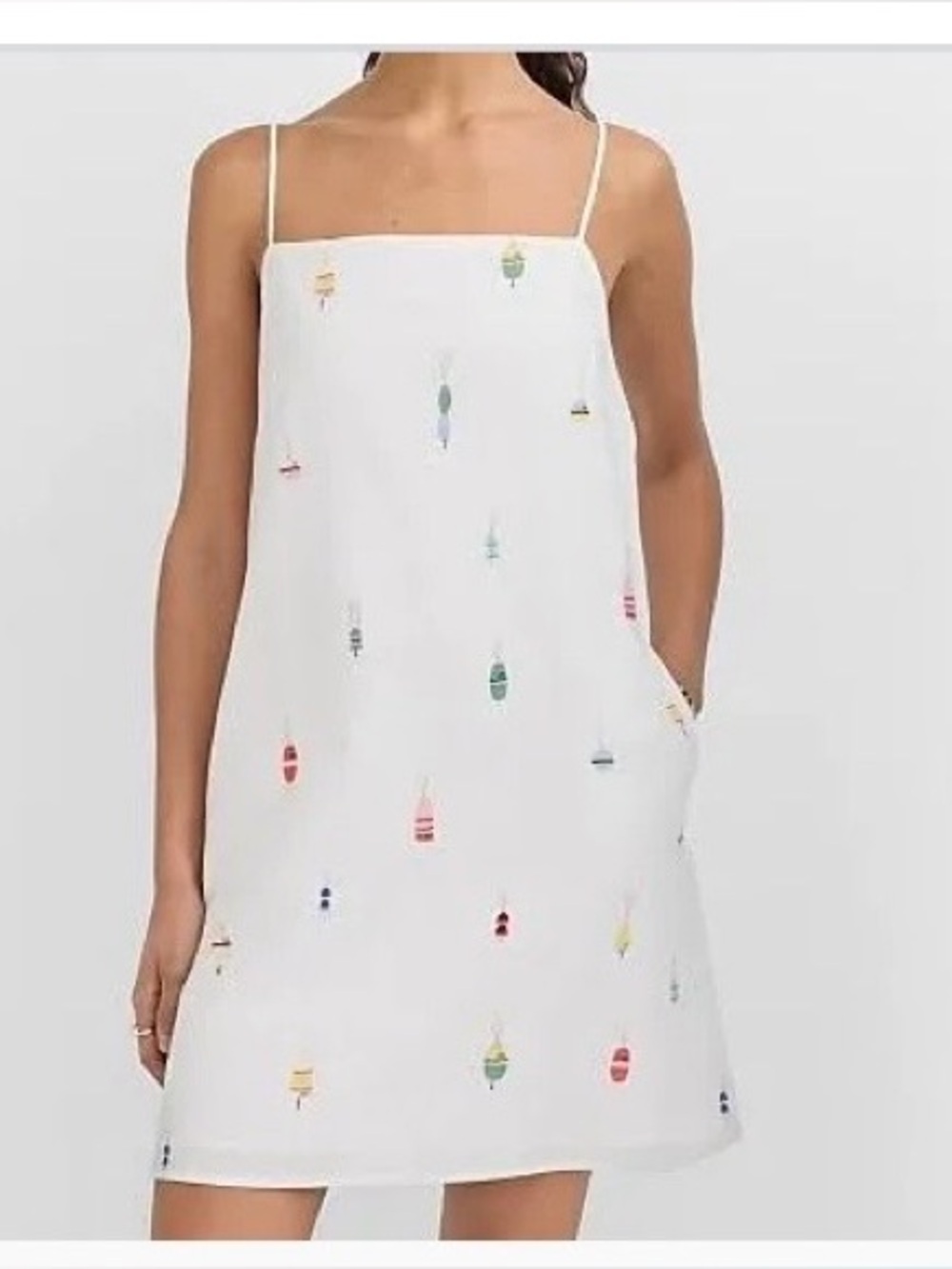 LOFT White Spaghetti-Strap Shift Dress with Multicolor Embroidered Lobster Buoys
